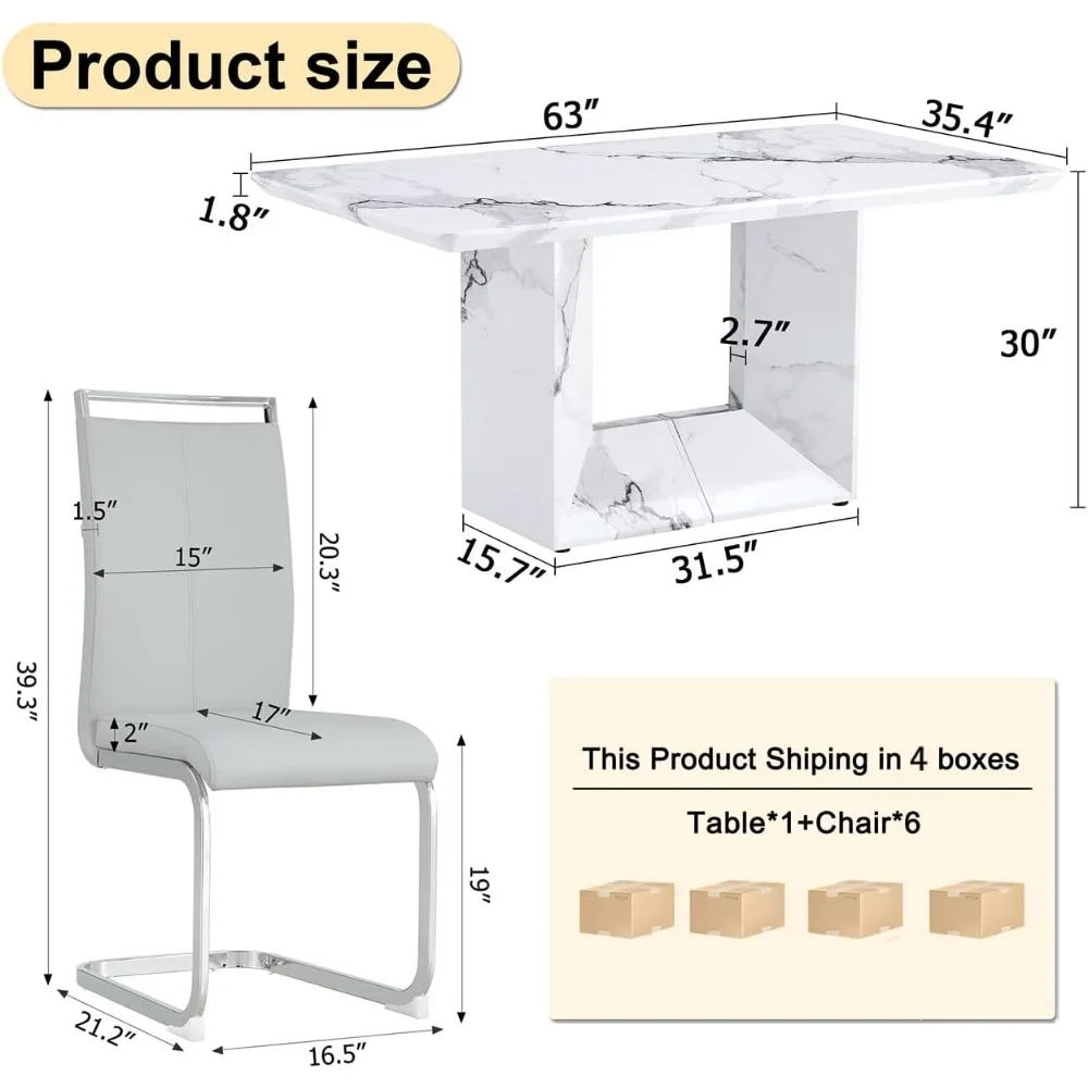 Set tavolo da pranzo moderno, set tavolo da pranzo in marmo artificiale, dotato di 6 sedie imbottite, tavolo da cucina con base quadrata