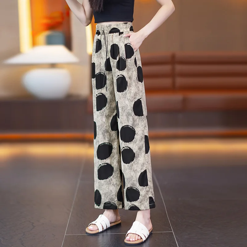 سراويل مريحة منقطة للنساء، سراويل صيفية رفيعة عالية الخصر وفضفاضة ثنيات صغيرة كاجوال مستقيمة الساق