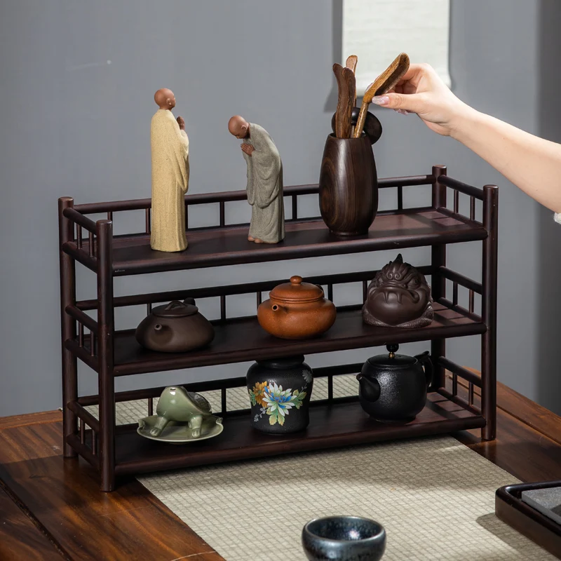 Chinese Style 3-Tier Bamboo Display Shelf Desktop Teaware Organizer Mini Curio Rack for Tea Set Figurine Tabletop Decor Storage