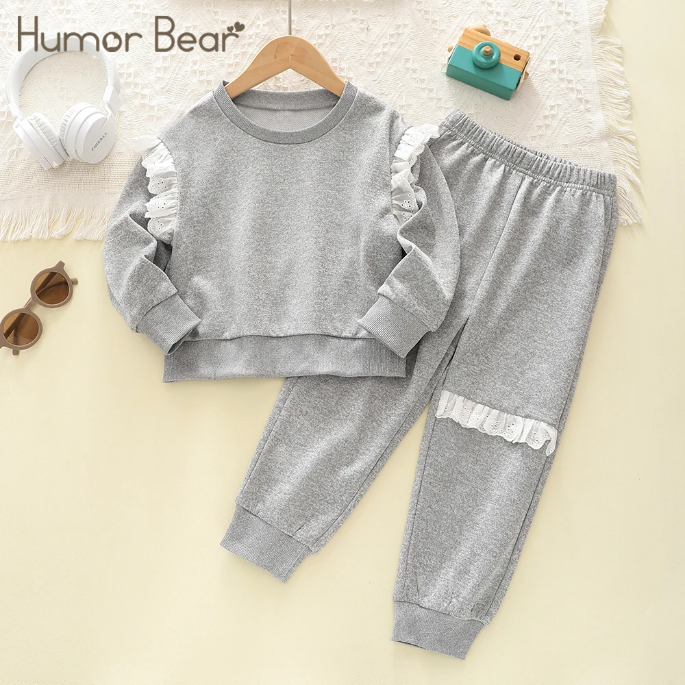 

Humor Bear Spring and Autumn Children Suit Crew-neck Long Sleeve White Lace Trim +Pants Casual Suit Girl's Clothes