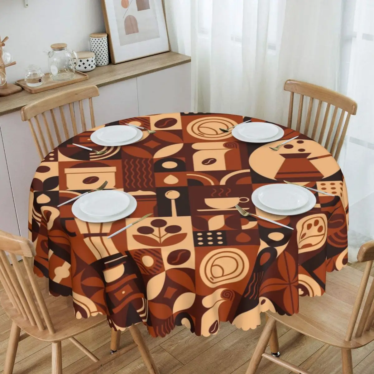 Customized Hot Coffee Drink Abstract Geometric Pattern Tablecloth Round Oilproof Table Cloth Cover for Banquet 60 inches