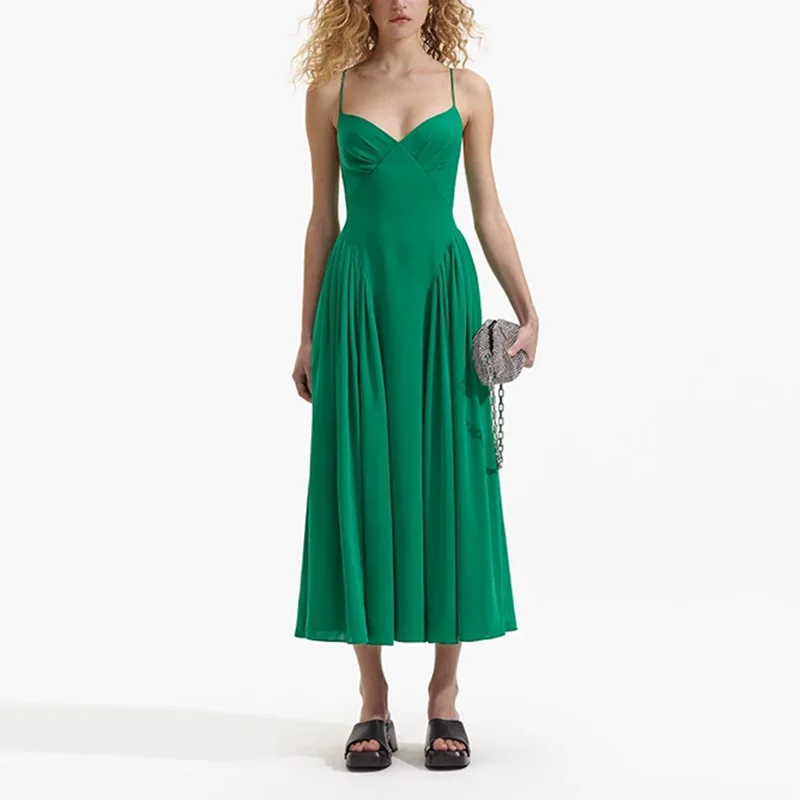 Fashionable And Elegant Women's Dress 2026 Summer New Simple Style Solid Color Pleated Slim-fit Design Strap Long Dress Luxury