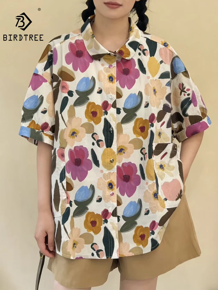 

New 2026 Summer Women Cotton Short Sleeve Shirt, Turn-down Collar Print, Mori Girl Design Sense Fashion Loose Blouse T64884CC