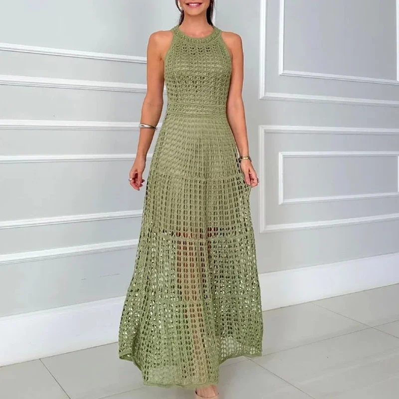 

Sexy Sleeveless High Waist Beach Dress Casual 2025 Summer Solid Color Holiday Dresses Fashion O-neck Hollow Knitted Long Dress