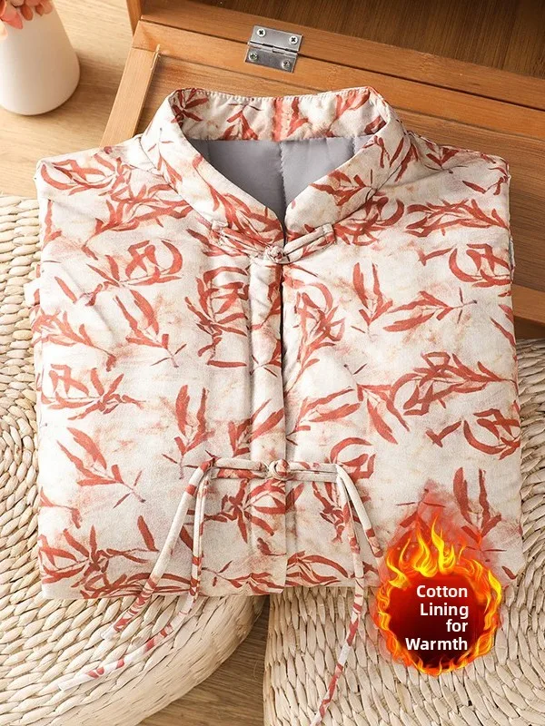 Rompi Katun Cetak Gaya Retro Cina Ukuran Besar Pakaian Wanita Kancing Kerah Tegak Jaket Musim Dingin
