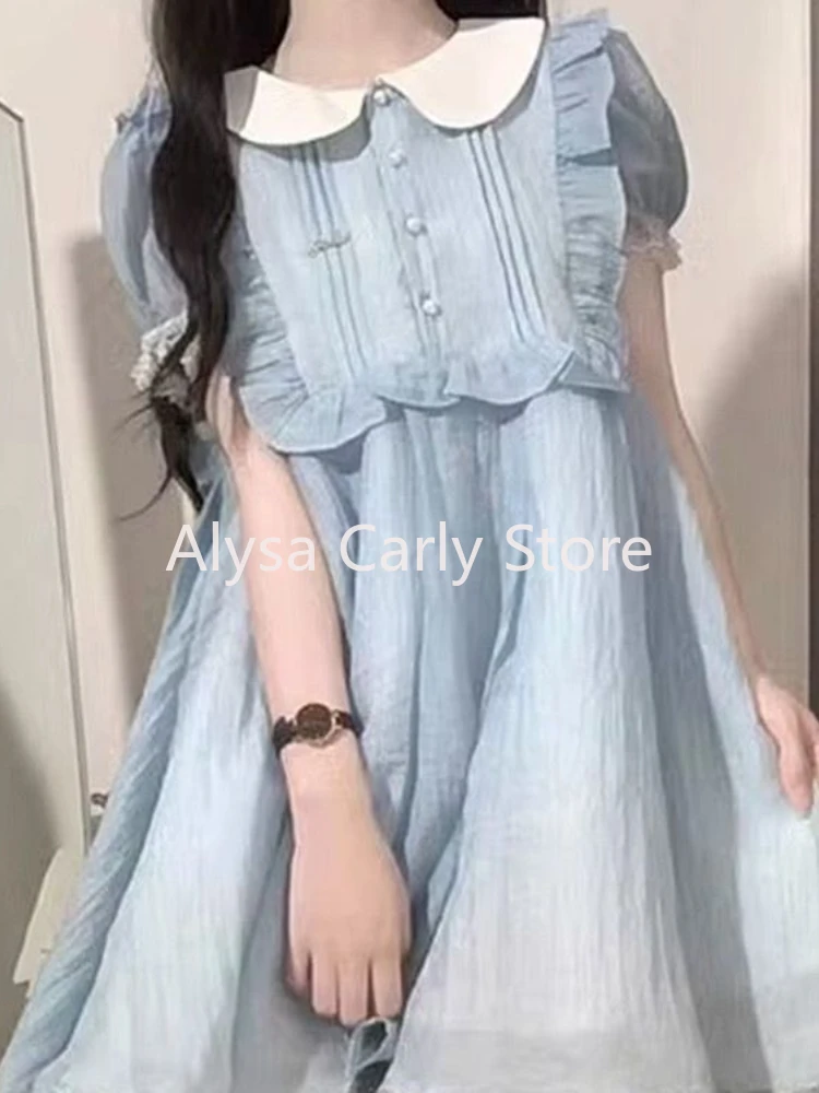 Sweet Lace Fairy Kawaii Dress Women Ruffles Korean Princess Party Mini Dress Female 2024 Summer Peter Pan Collar Casual Dresses