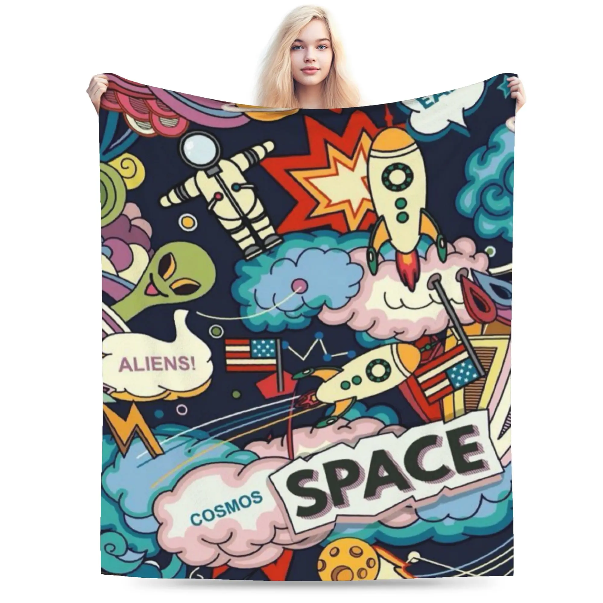 Space Planets Rockets  Plush Blanket Students  Flannel Bedding Throws For Couch Chair Soft Custom DIY Quality Bedspread Gift