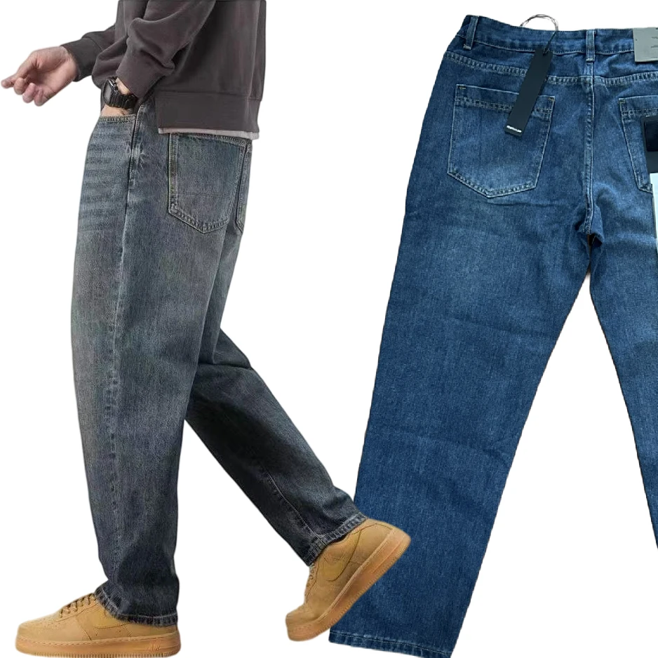 

2026 Compass Button Patch Four Seasons European Men's Stretchy Straight Leg Denim Retro wash Jeans Casual Elastic Trendy Pants