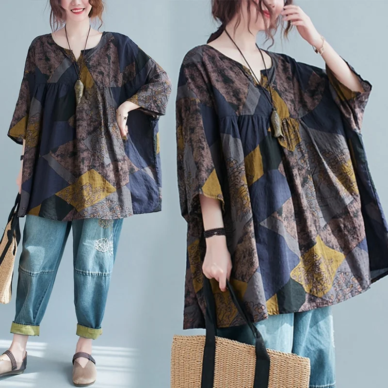 

Футболка больших размеров из хлопка и льна с принтом Batwing Sve V-Ne Doll irt, женский летний топ средней длины больших размеров