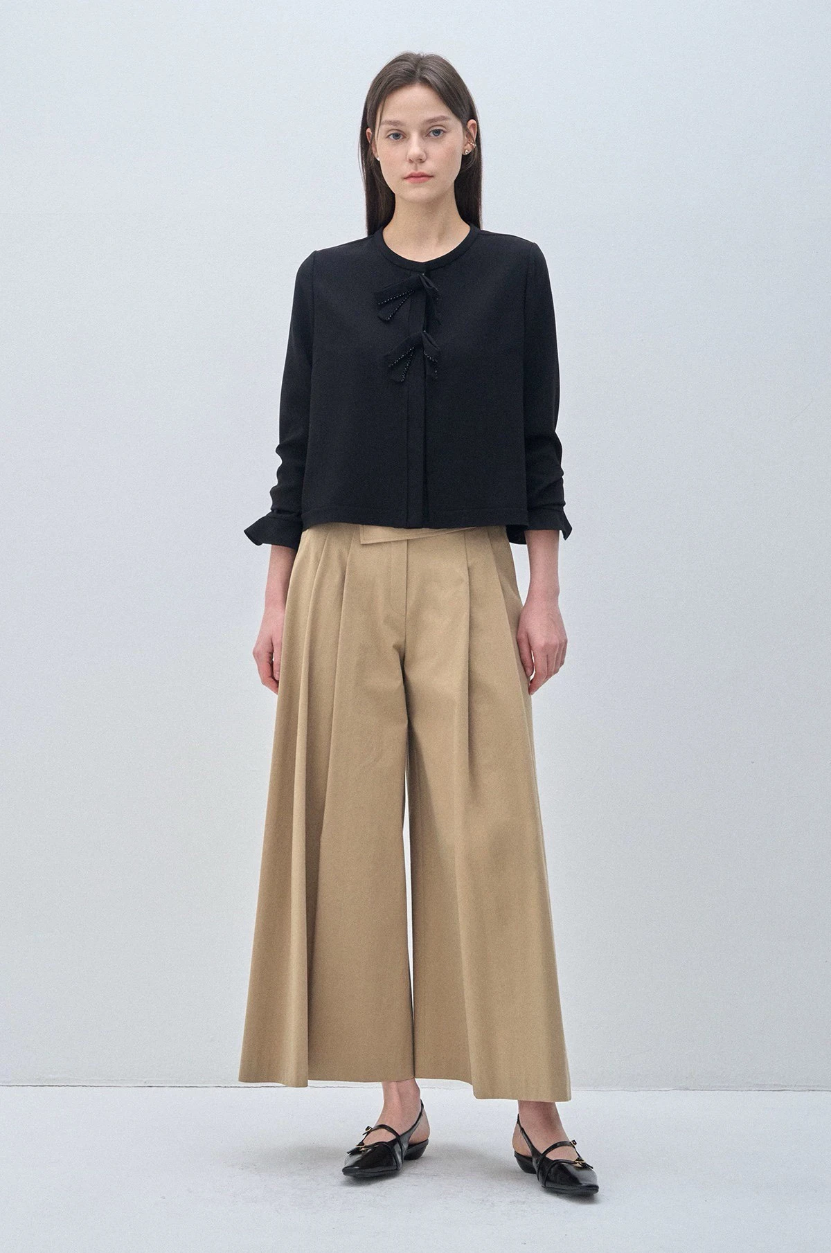 

Ele round Ne Knot Decorated Loose Long Sve irt Commute Sle Spring 2025 Pure Color Casual Women's irt