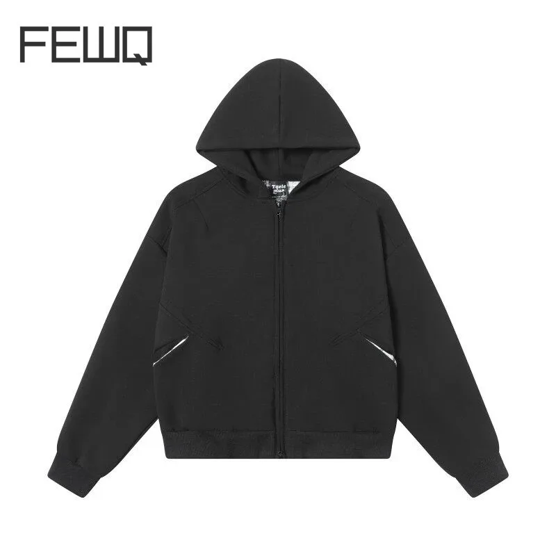 FEWQ Simple Men's Sweatshirts Solid Color Silhouette Zipper Casual Menswear Loose Plaid Lining Hooded Male Coats New 24K1185