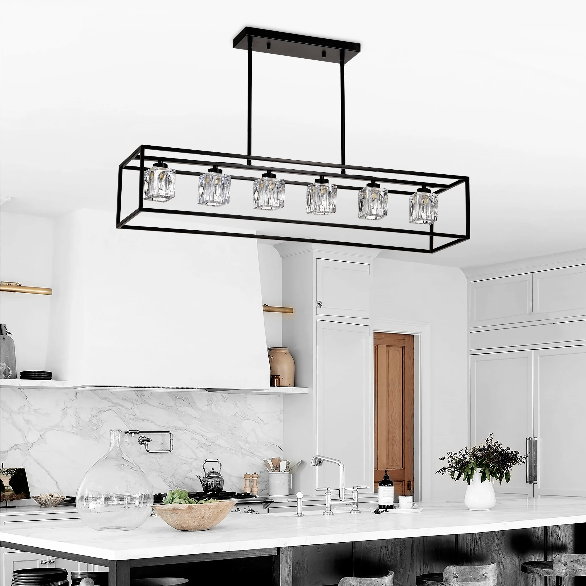 6-Light Farmhouse Chandelier, Modern Industrial Linear Rectangular Crystal Pendant Light Cage Chandelier for Dining Room,Kitchen