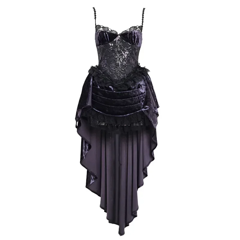 

New in 2025 Heavy Asymmetric Gothic Suspended Dresses Jacquard Lace Trail Blood Supply Women Velvet Purple Slip Dress