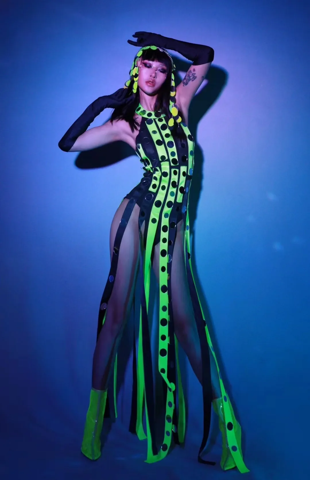 Combinaison à Franges Vertes Fluorescentes pour Chanteur et Danseur, Costume de Scène, Jazz, Vêtements de brev, Tenue de ix, Rave