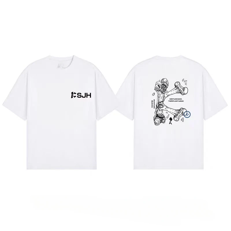 

American Streetwear Brand Letter Bone Print 2025 Summer Casual Loose Short-sleeved T-shirts for Men and Women