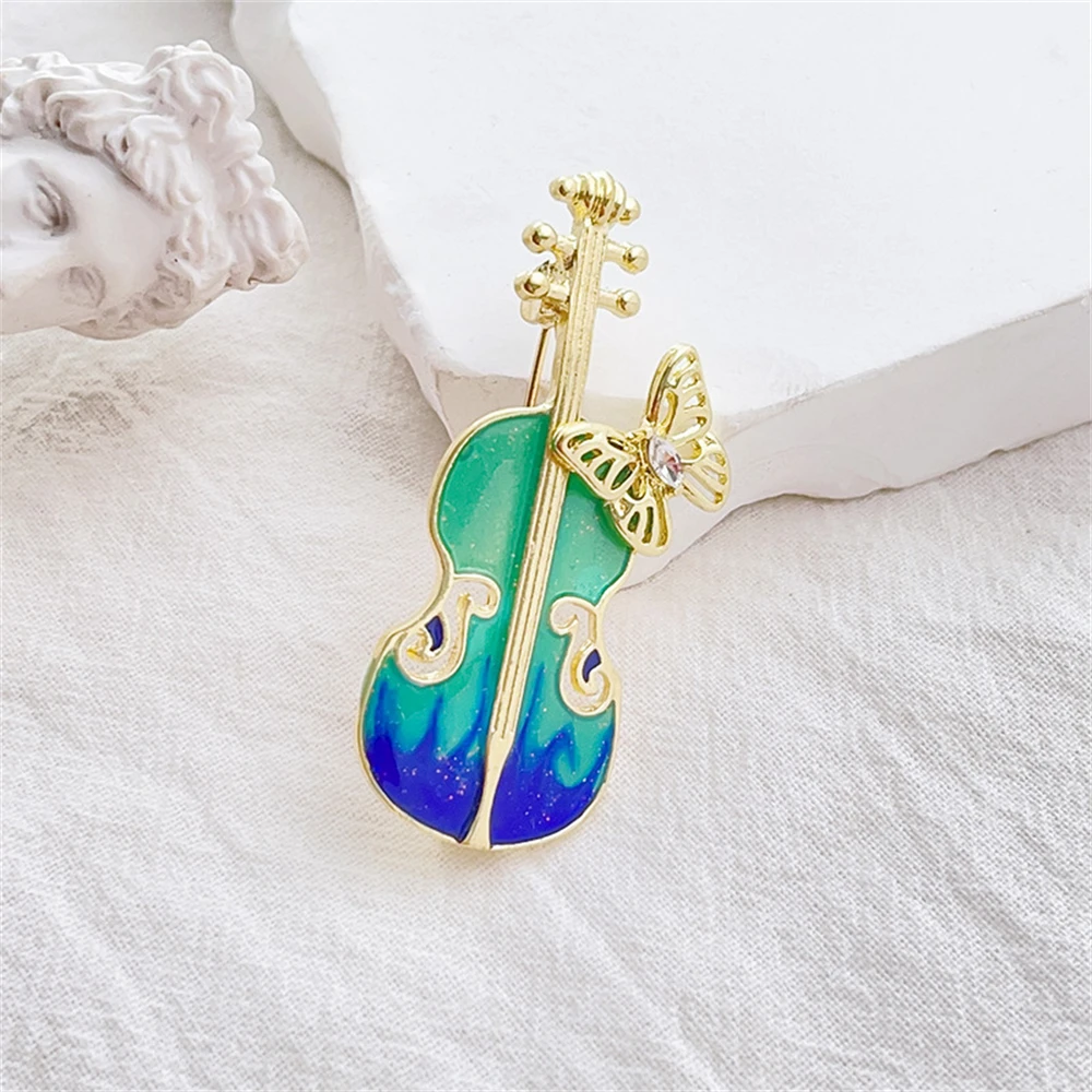 Blue Enamel Violin Brooch For Women Alloy Shiny Rhinestone Weddings Clothing Accessories Banquet Music Pins Jewelry Gifts