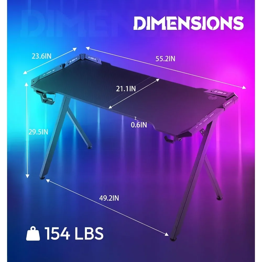 طاولة كمبيوتر للألعاب RGB ، مكتب كمبيوتر محمول ، سطح ألياف الكربون ، محطة عمل الكمبيوتر الشخصي ، حامل الأكواب ، خطاف سماعة الرأس ، أسود ، 55 بوصة