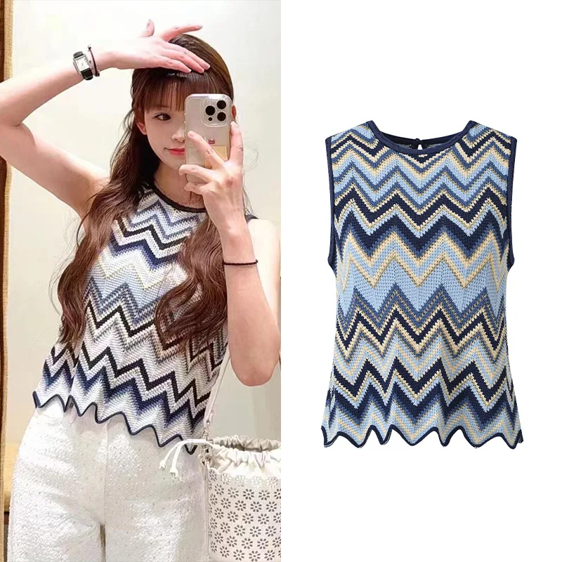 

Spring Summer Wave Knitted Vest ort Svel Color Blo Design Faionable Versatile Commute Sle Women's Top