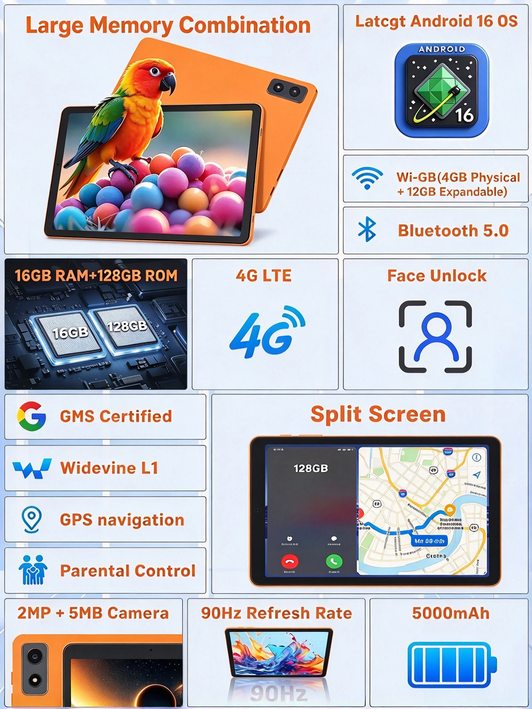 2026 Android 16 Tablet Ultra Slim 8,68" T616 Octa Core 16GB(4+12 Erweiterbar) RAM 128GB ROM 4G LTE Telefonanruf 5G WiFi 90HZ SIM Tablet – Detail 16