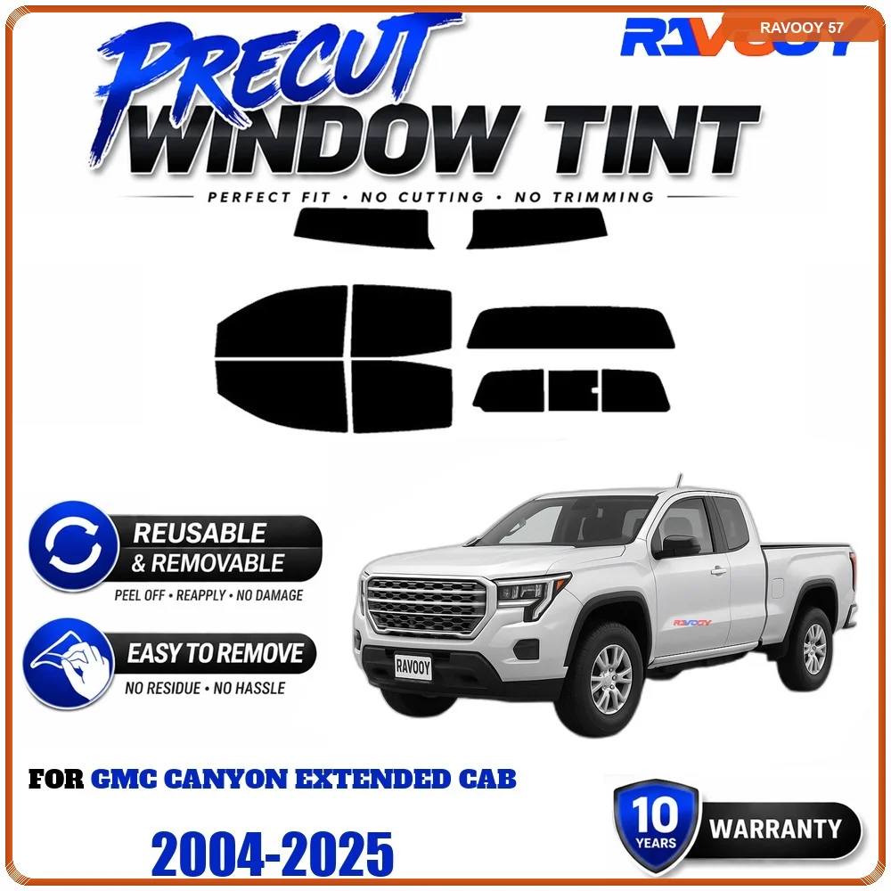 RAVOOY Precut Window Tint, Reusable Removable EPU Film, Custom Fit for Gmc Canyon Extended Cab 2004-2025, UV Heat Protection
