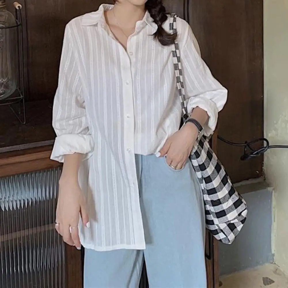 

Sweet Strip Shirt Top Loose Casual Long Sleeve Blouse Spring Summer Autumn Sun Protection Button Shirt for Women Streetwear