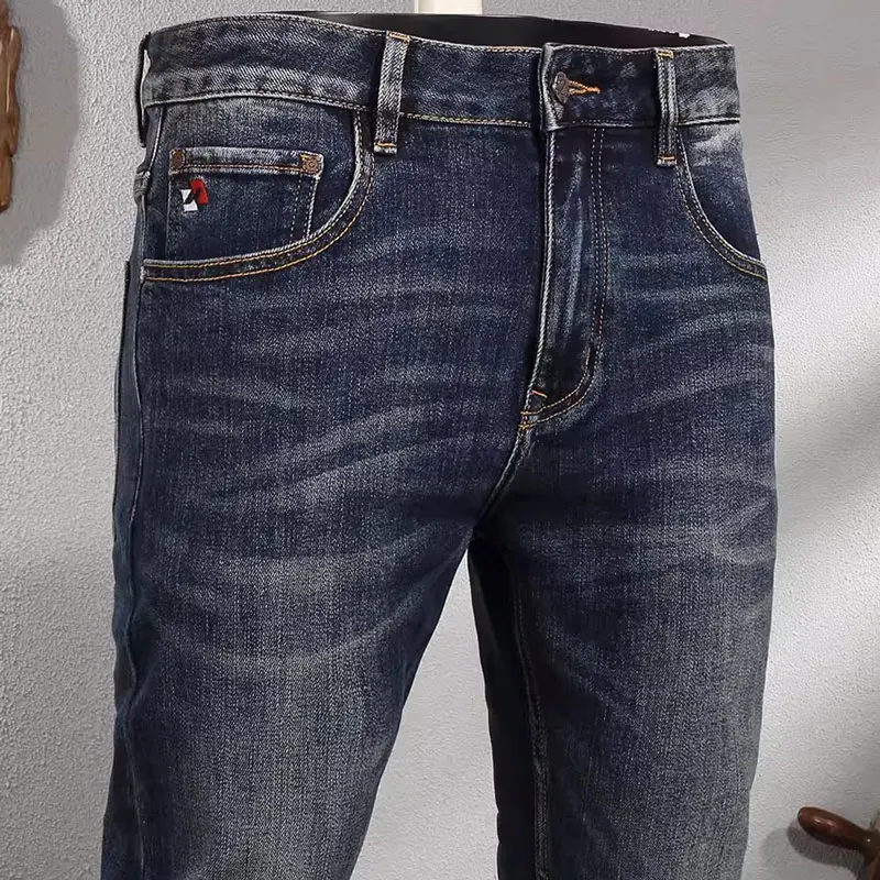 European Trendy Fashion Men Jeans High Quality Retro Black Blue Elastic Slim Fit Vintage Jeans Men Casual Designer Denim Pants