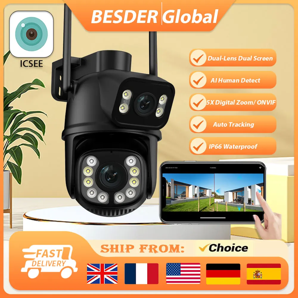 BESDER 8MP PTZ Wifi Camera Outdoor Dual Screen Color Night Vision 4MP Security Protection CCTV Wifi Surveillance IP Camera iCSee