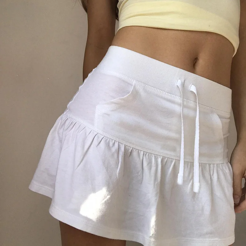 

SKMY Solid Color Fashion Casual Pleated Skirt Summer Drawstring Tie-Waist A-Line Tennis Sports Skirts 2025 Summer Women Clothing