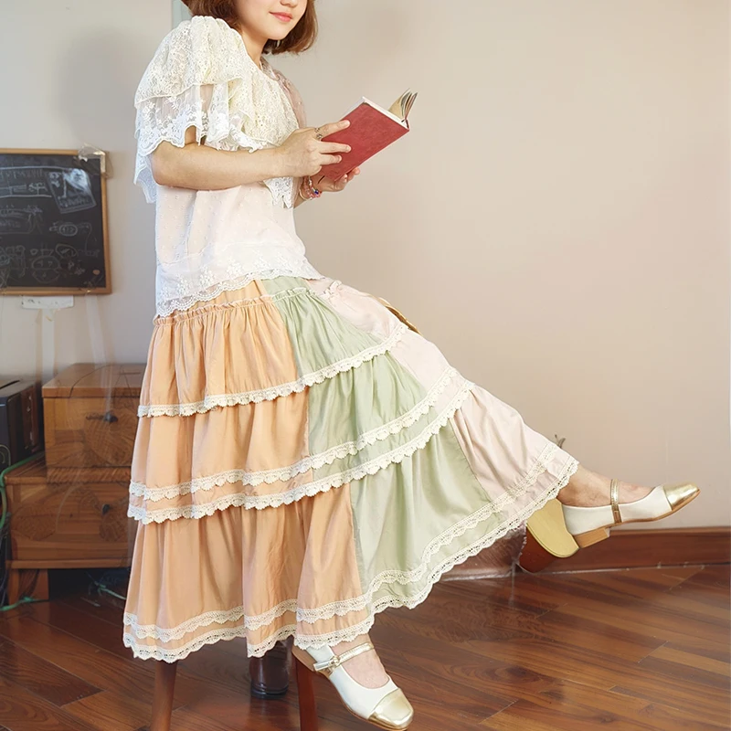 Neue Harajuku Mori Mädchen Süße A-linie Rock Frauen Kleidung Kontrast Farben Baumwolle Kawaii Falten Röcke Für Frau A074