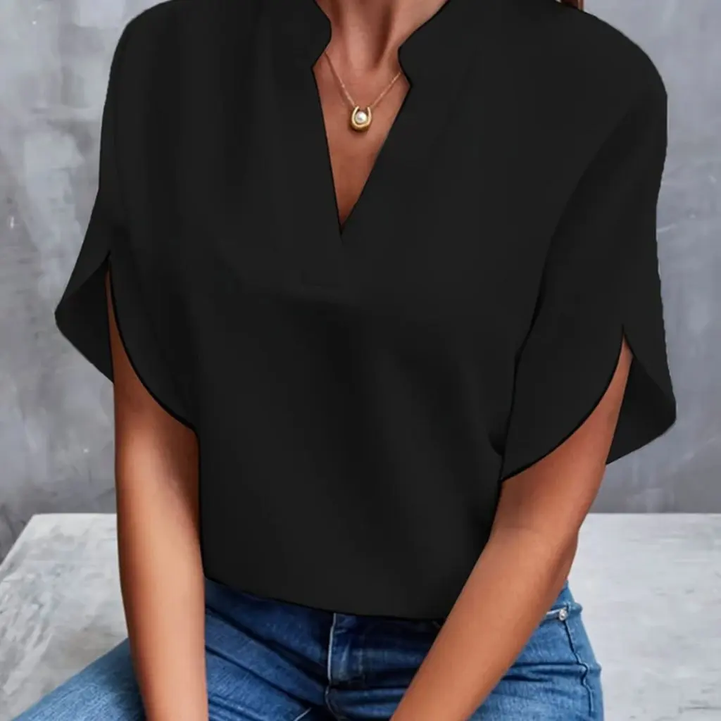 

Women's V-neck Short-Sleeved Shirt Solid Color Casual All-match Pullover Top European And American Style Summer