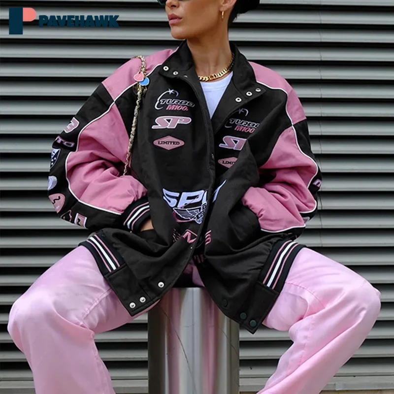 

Harajuku Racing Jacket Man Women Oversized Y2k Vintage Printed Pattern Motorcycle Jackets High Street Patchwork Bomber Outwear