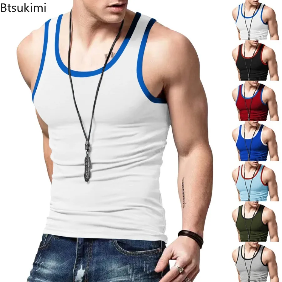 

Summer Men's Slim Sport Tank Tops Fashion Colorblock O-neck Sleeveless Casual Vest Men Fitness Undershirts Gym Clothing T-shirts