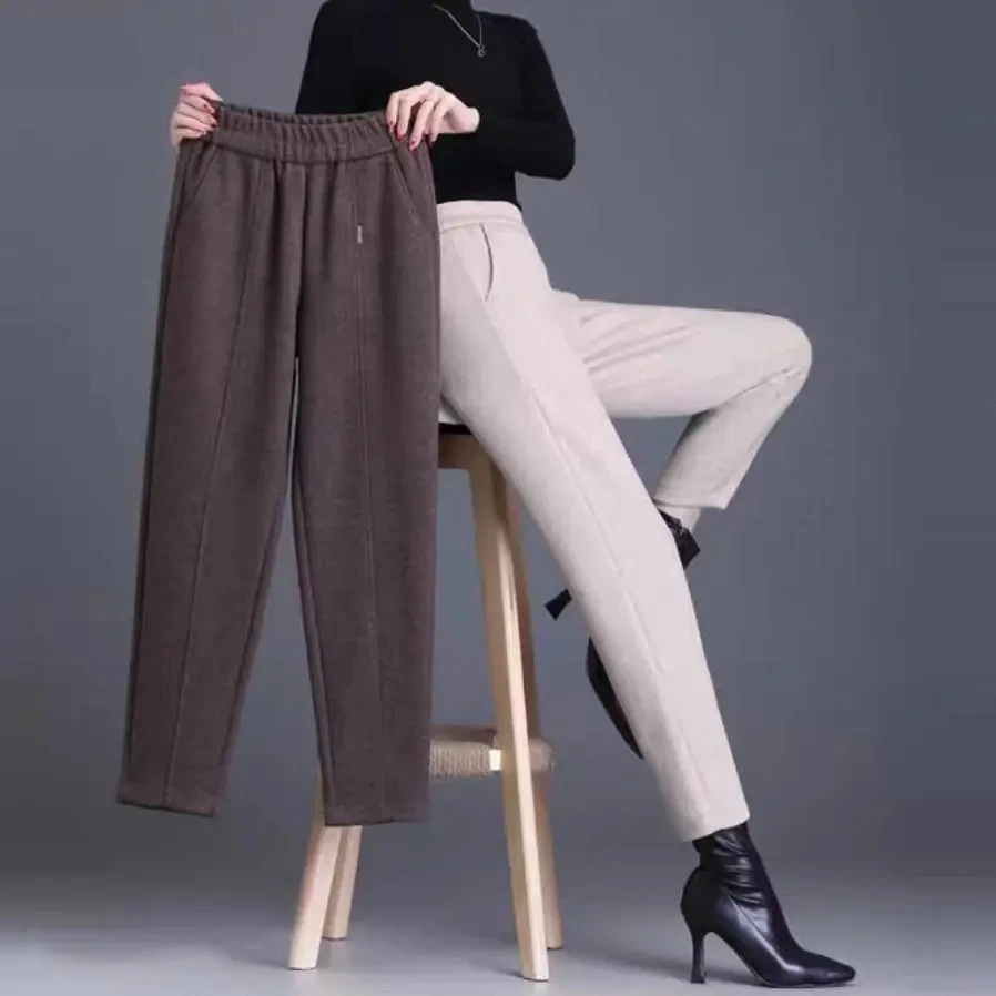 Womens Vintage Woolen Thicken Ankle Length Harem Pants 2023 Autumn Winter Fashion Casual Pockets Loose Trousers Solid Pantalones