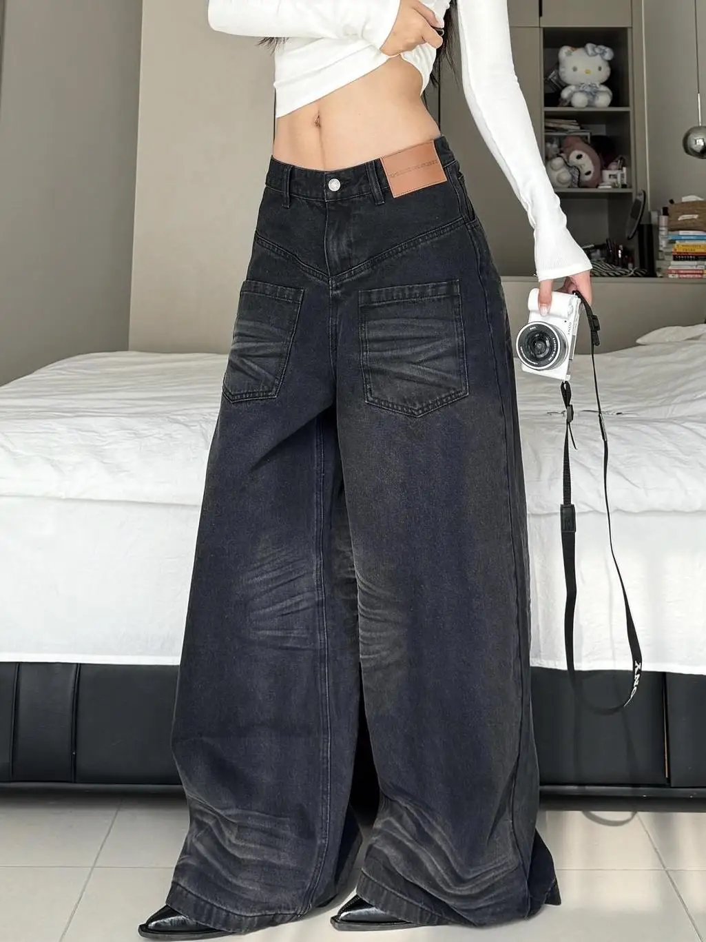 American Retro Plus Washed Distressed Reverse Design Jeans For Women'S Street Straight Leg Loose Wide Leg Pants