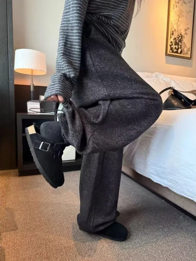 レディース ワイドレッグパンツ バルーンパンツ ウール素材 ルーズフィット 3D効果 カジュアル ストレートカット ミッドハイウエスト 冬服