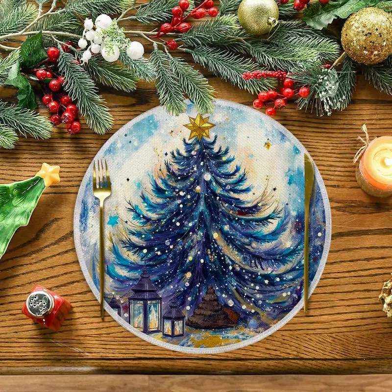 Dreamy Blue Purple Christmas Tree Circular Christmas Mat, Wear-Resistant Plate Mat, Home Dining Table Decoration Mat