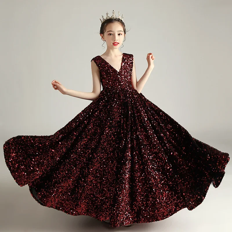 Wine Red Sequin Evening Dress for Children Girls Sleeveless Elegant Princess Dresses Backless Summer Holidays Party Luxury Gown