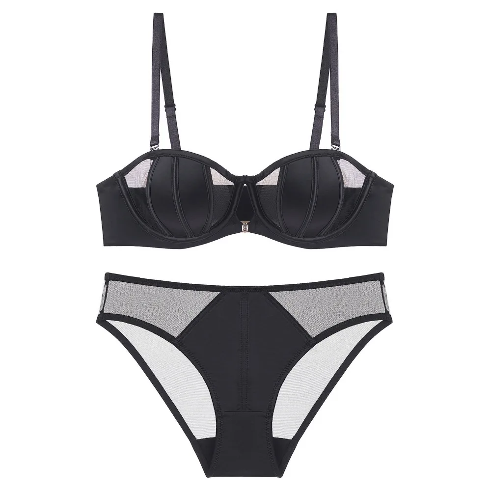 Women Summer Minimizer Bra & Briefs Set, French Half Cup Bunny Ear Thin Seamless Underwear, Anti-Sag Support 2Pcs Intimates Suit