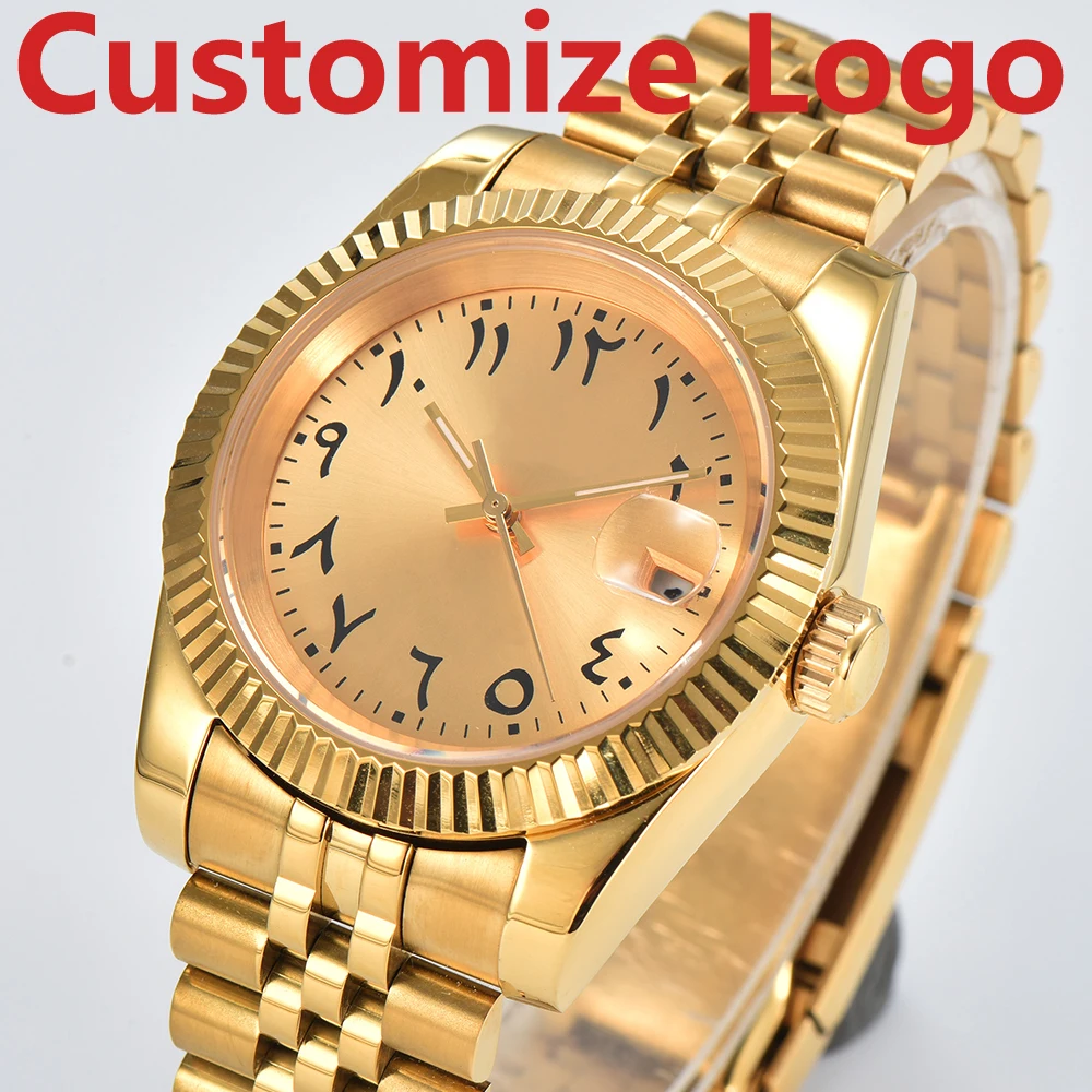 

Customize Logo 39mm/36mm Gold Arabic Numerals Automatic Mechanical Watch NH35 Movement Stainless Steel Case ATM Sapphire Glass