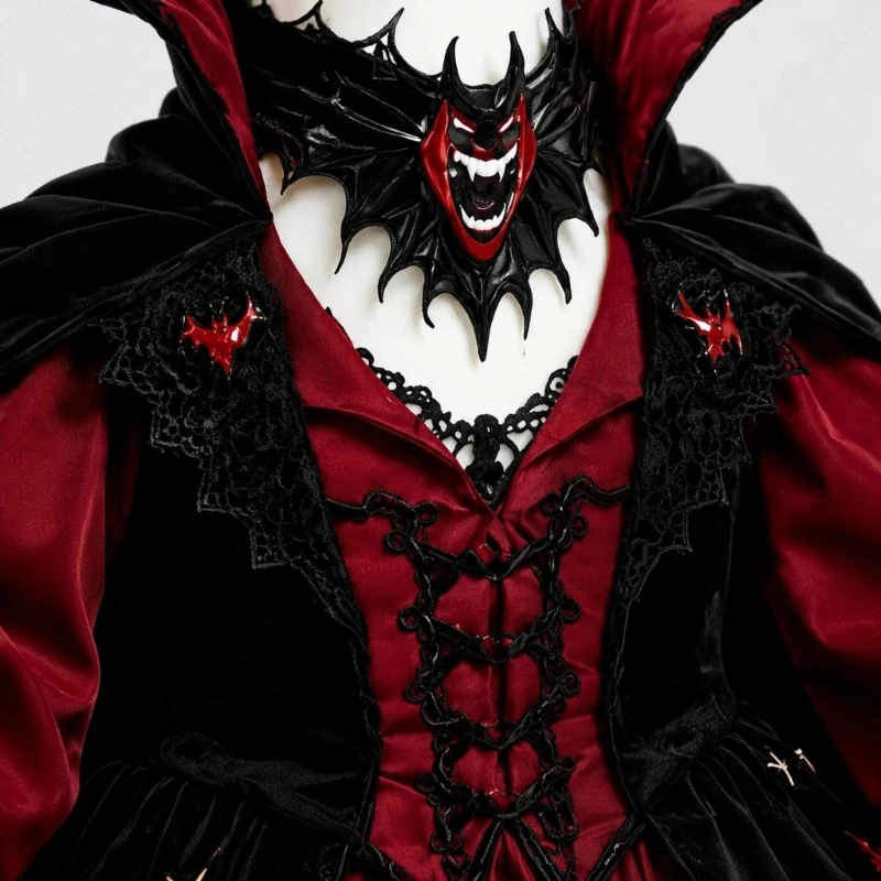 Soft Polyester Halloween Porch Bird Statue Outfit with Full-Length Panels, High Pointed Collar, Red Bat Pattern, Black B03E
