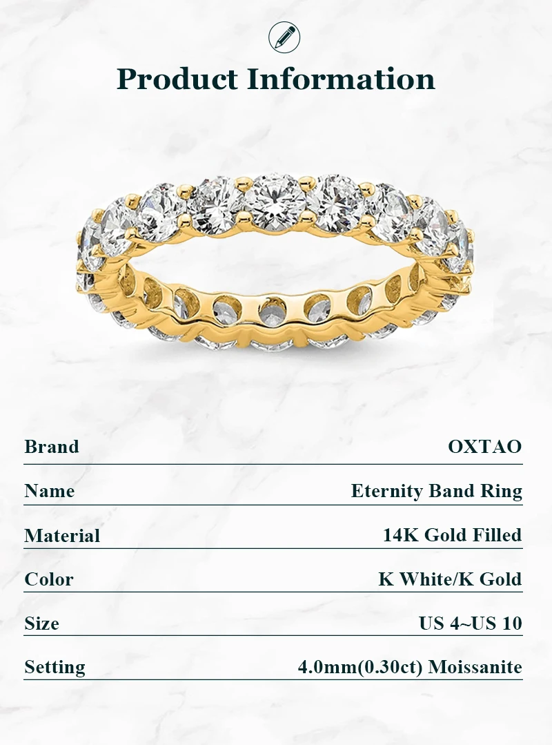 OXTAO Vollmoissanit-Ring, 4 mm, D VVS1, für Damen, funkelnder Ehering, Ewigkeitsring, Jubiläumsschmuck, Geschenke, 14 Karat Gold gefüllt – Detail 9