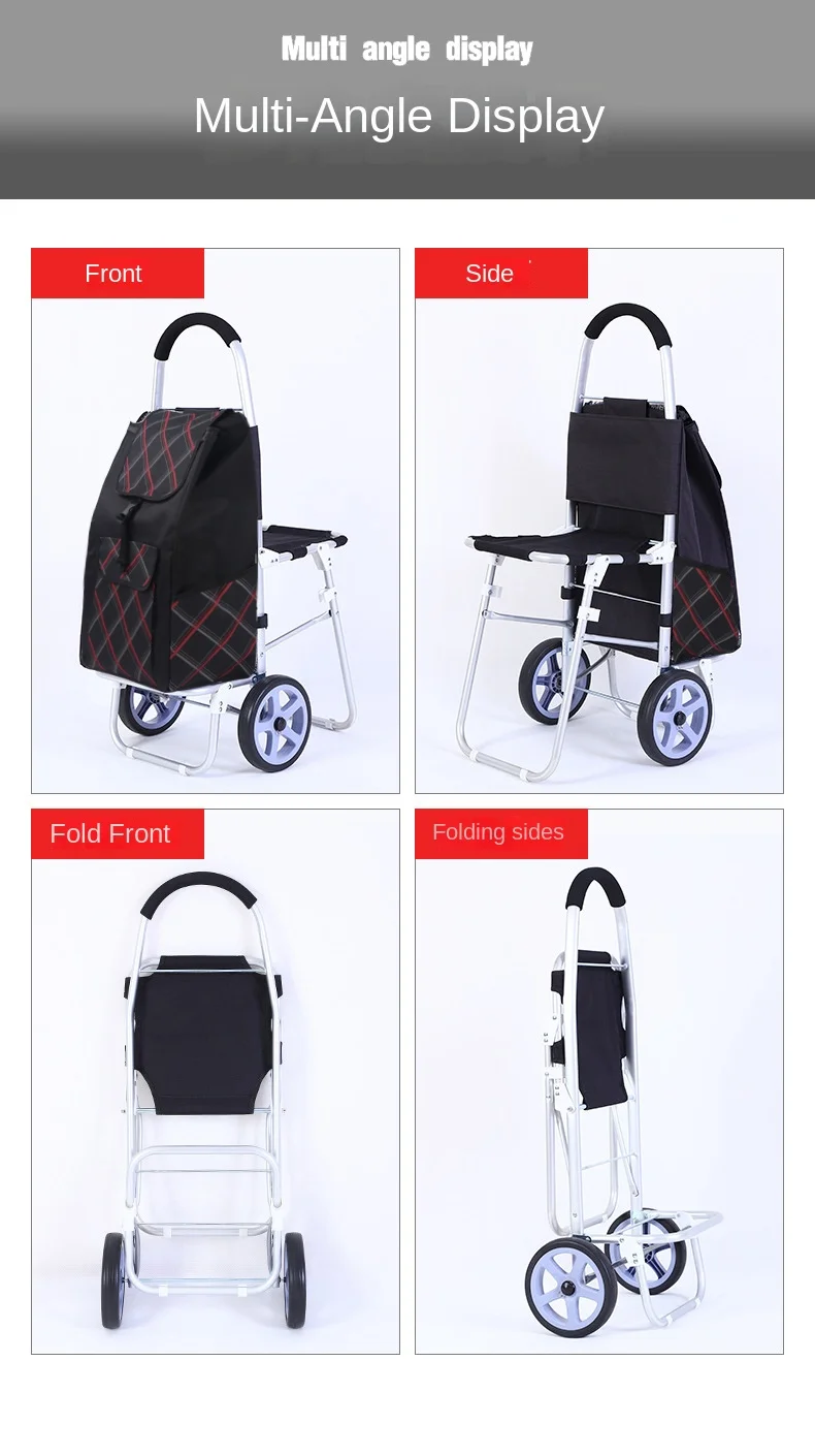 Shopping Cart Large Capacity with Seat for The Elderly Portable Folding Trolley Lightweight Aluminum Alloy Trolley