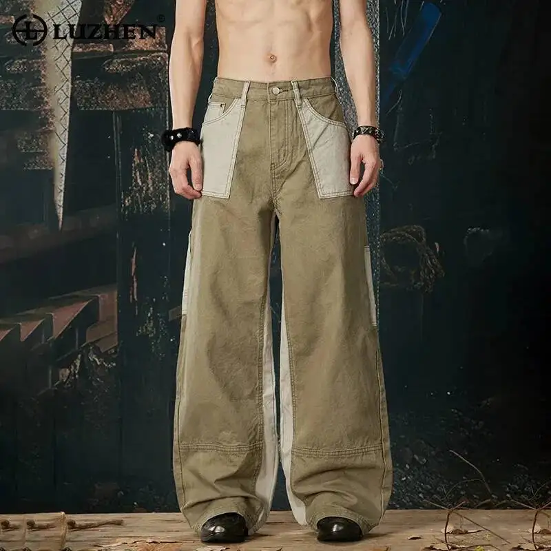 

LUZHEN 2026 New Color Contrast Splicing Design Pockets Decorate Straight Casual Jeans Men's Fashion Wide Leg Denim Pants JY6852