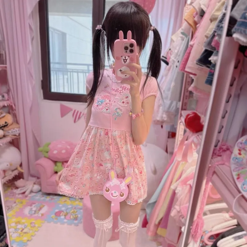 Femmes robe mince sous-culture japonaise Kawaii imprimé t-shirt jupe rose dentelle Patchwork robes courtes femme Harajuku mignon mini-jupe