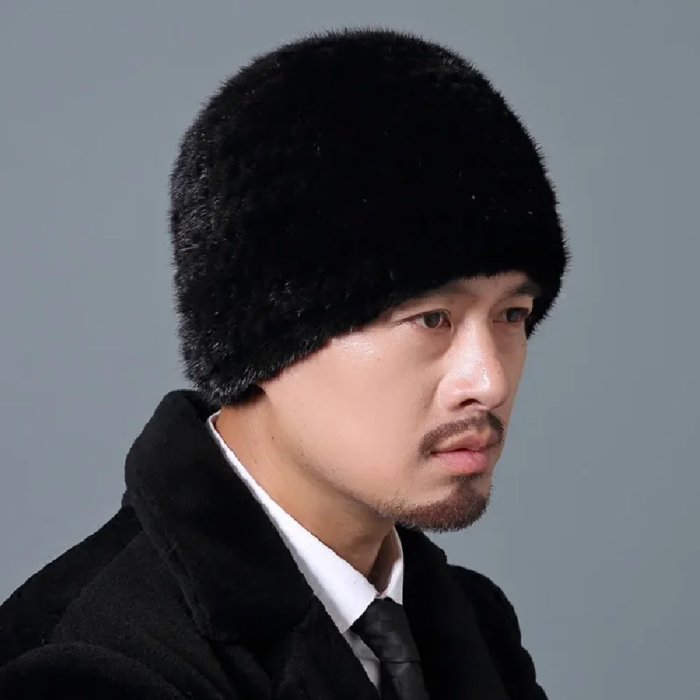 Men's Real Mink Fur Hat Winter Warm Beanie Cap Double Sides Fur Headwear Ski Hat Black Brown