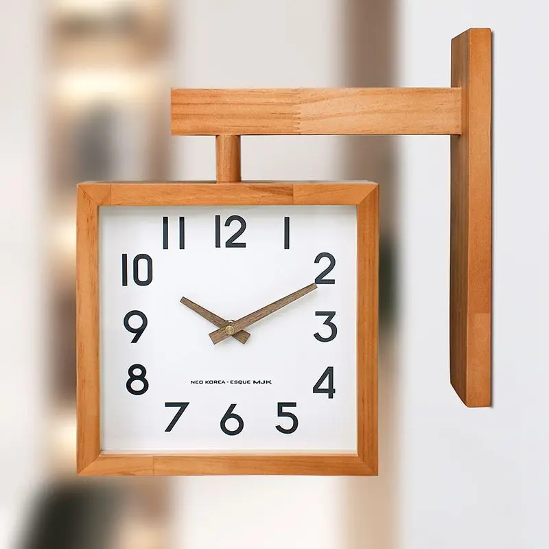 Solid Wood Dual-Sided Wall Clock Modern Silent Corner Mounted Decor for Living Room/Hallway/Office Space-saving Home Decor