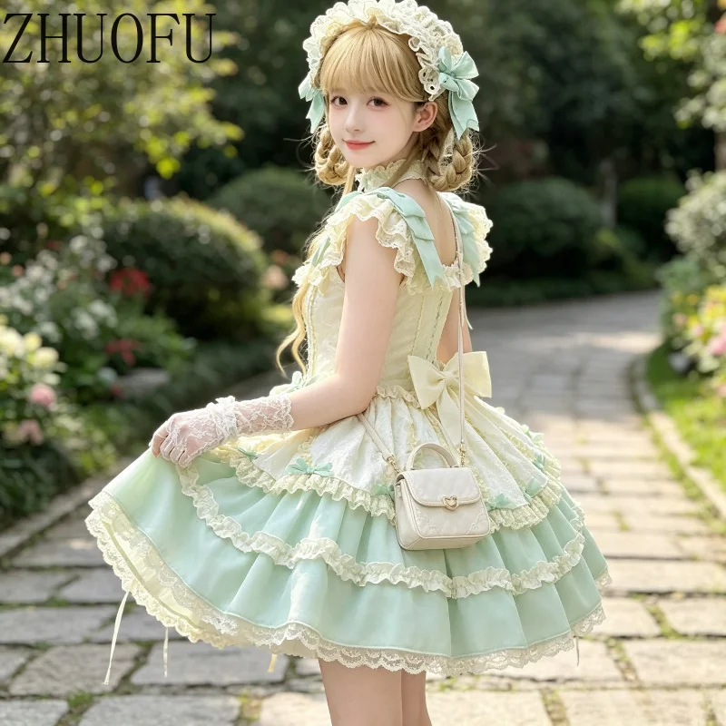Women Sweet Lolita Dress Lace Ruffle Short Puff Sleeve Bow Y2k Vintage Princess Multi‑Layer Cake Dresses Cosplay Party Costume