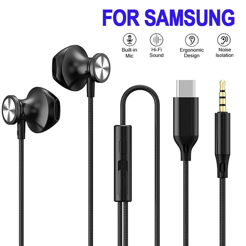 

3.5mm USB Type C Wired Headphones For Samsung Galaxy S24 S23 S21 S22 S20 Plus HIFI Stereo Surround Sports Gaming Music Headset