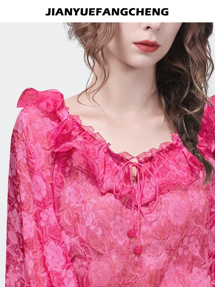 Cute Fashion Pink Floral Chiffon Top For Women Ruffle V-Neck Flared Sleeve Spring Summer Blouses Loose Casual Long Sleeve Shirt