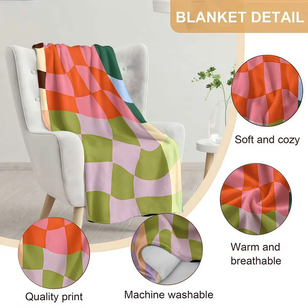 colorful wavy checkerboard Soft Warm Flannel Blanket Lightweight Cozy Christmas Halloween Home Decor Room